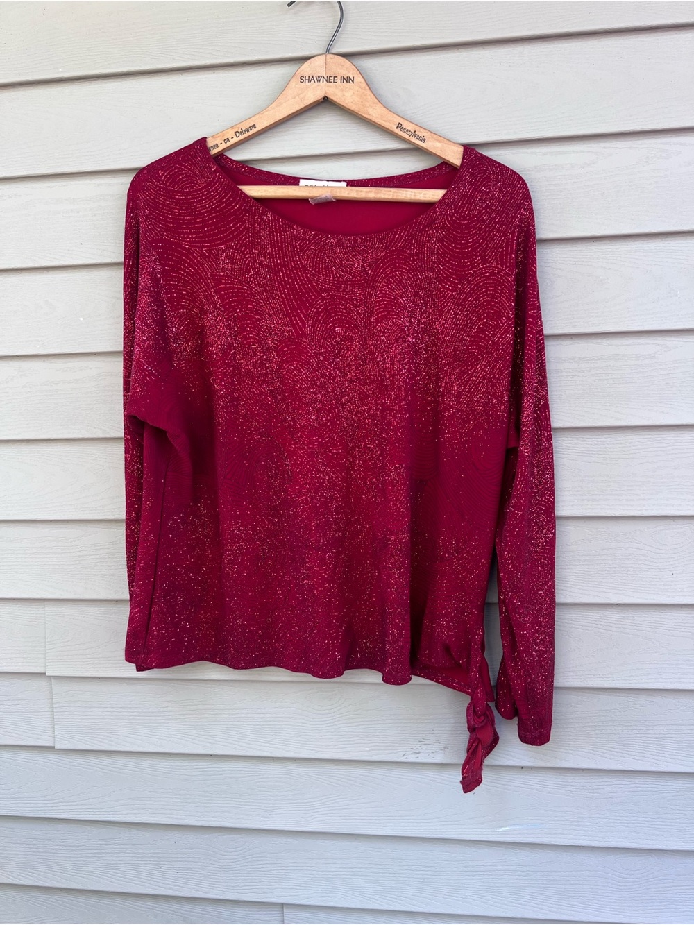 Notations Dark Red Sparkle Long-Sleeve Top with Side Tie - Sz. XL